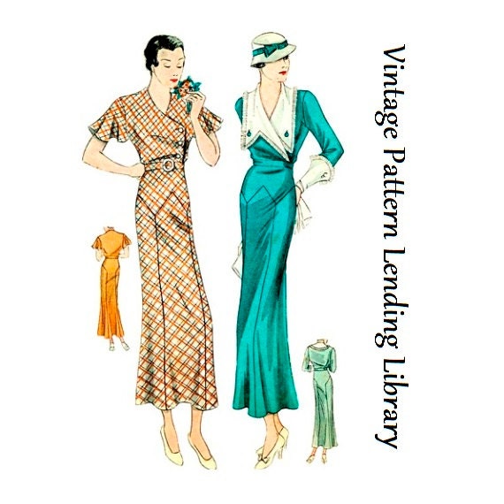 1930s Ladies Day Dress With Large Collar - Art Deco - 1934 Reproduction Sewing Pattern #T1481 - 36 Inch Bust