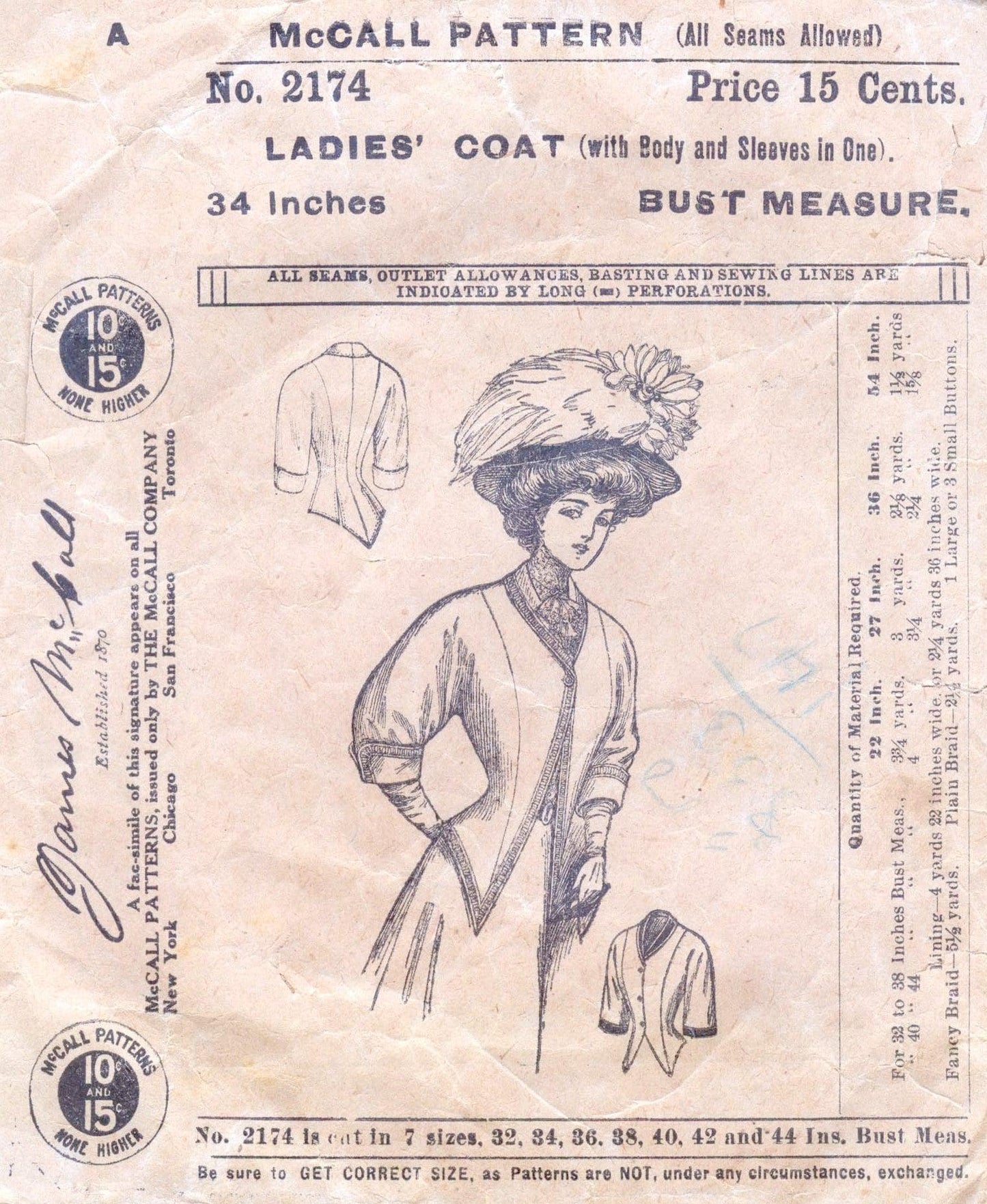 1908 Ladies Coat With Body And Sleeves In One - PDF - INSTANT DOWNLOAD - Reproduction Sewing Pattern #E2174 - Edwardian Fashion - 34 Inch Bust