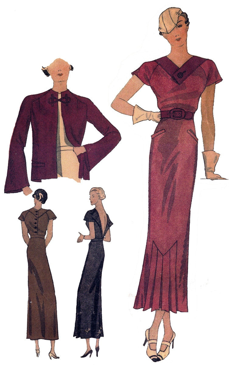 1930s Ladies V-Front Dress With Jacket - INSTANT DOWNLOAD - Reproduction 1934 Sewing Pattern #T1364 - 32 Inch Bust - PDF - Print At Home