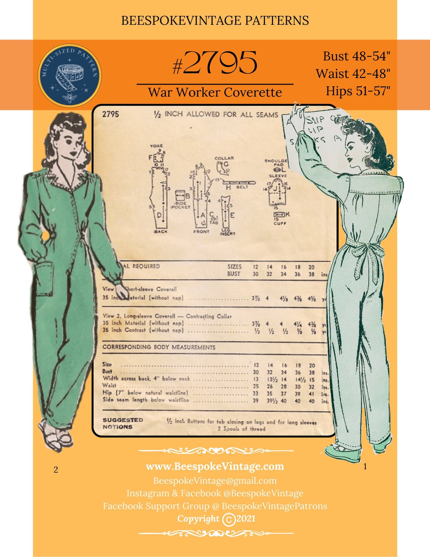 1940s Coverette Overalls WWII Rosie the Riveter - Bust 48"- 54" MULTISIZED Reproduction Vintage Pattern #2795-4854 (PDF - Print At Home)