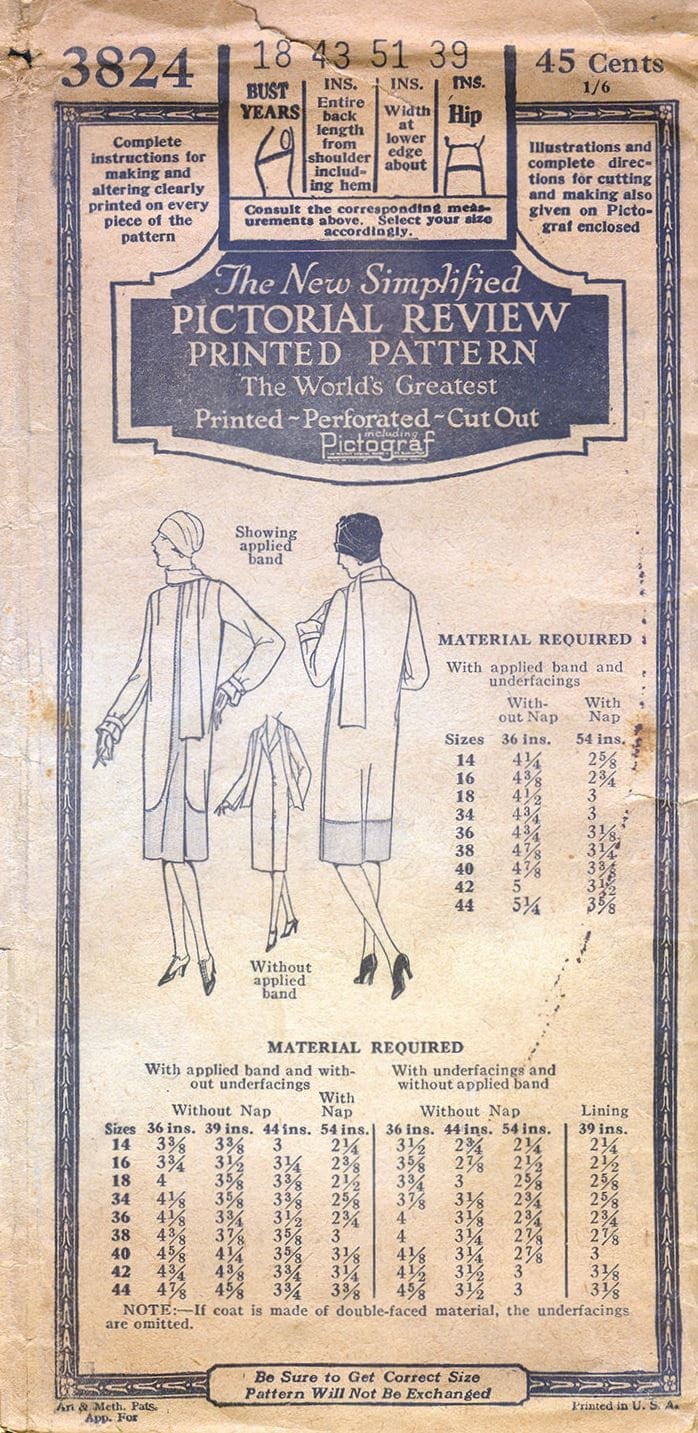 1920s Ladies Coat With Scarf & Band Detail - INSTANT DOWNLOAD - Reproduction 1927 Sewing Pattern #Z3824 - 36 Inch Bust - PDF - Print At Home