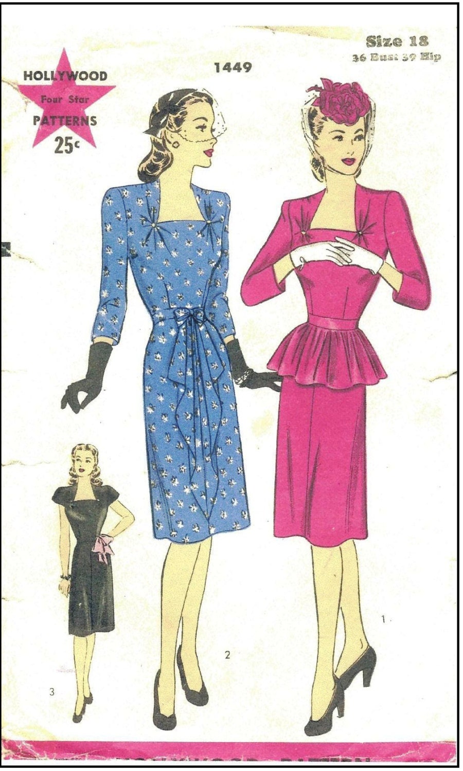 1940s Ladies Cocktail Dress - INSTANT DOWNLOAD - Reproduction 1944 Sewing Pattern #F1449 - 36 Inch Bust - PDF - Print At Home