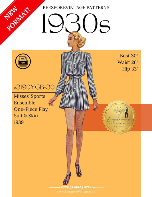 1930s Misses' Sports Ensemble Playsuit & Skirt - Bust 30" - vintage sz 12 - Reproduction Vintage Pattern #3190-30 - PDF - Print At Home