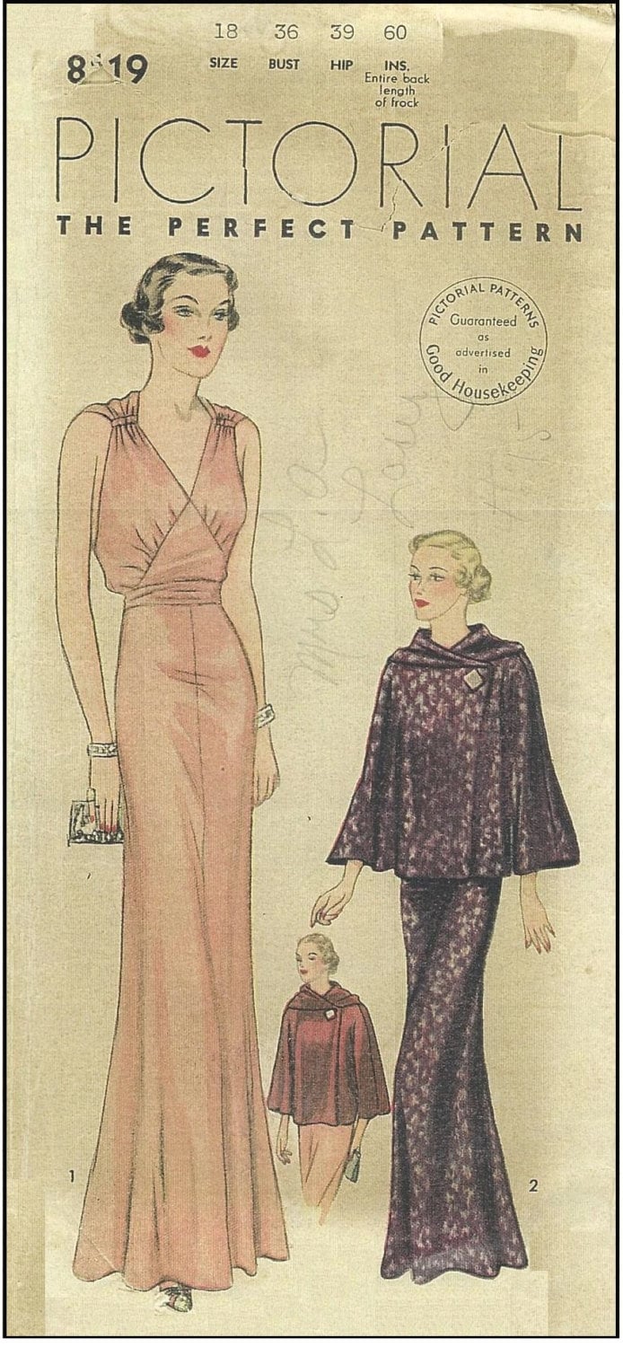 1930s Ladies Evening Gown With Optional Jacket - Reproduction 1936 Sewing Pattern #T8119 - 36 Inch Bust