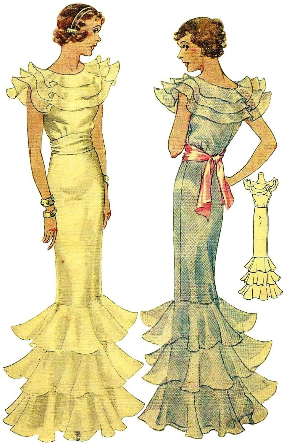 1930s Ladies Evening Gown With Sash - Reproduction 1934 Sewing Pattern #T7754 - 34 Inch Bust