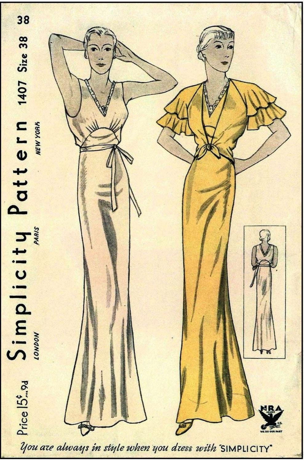 1930s Ladies Lingerie Nightgown with Jacket - Reproduction 1934 Sewing Pattern #T1407 - 38 Inch Bust