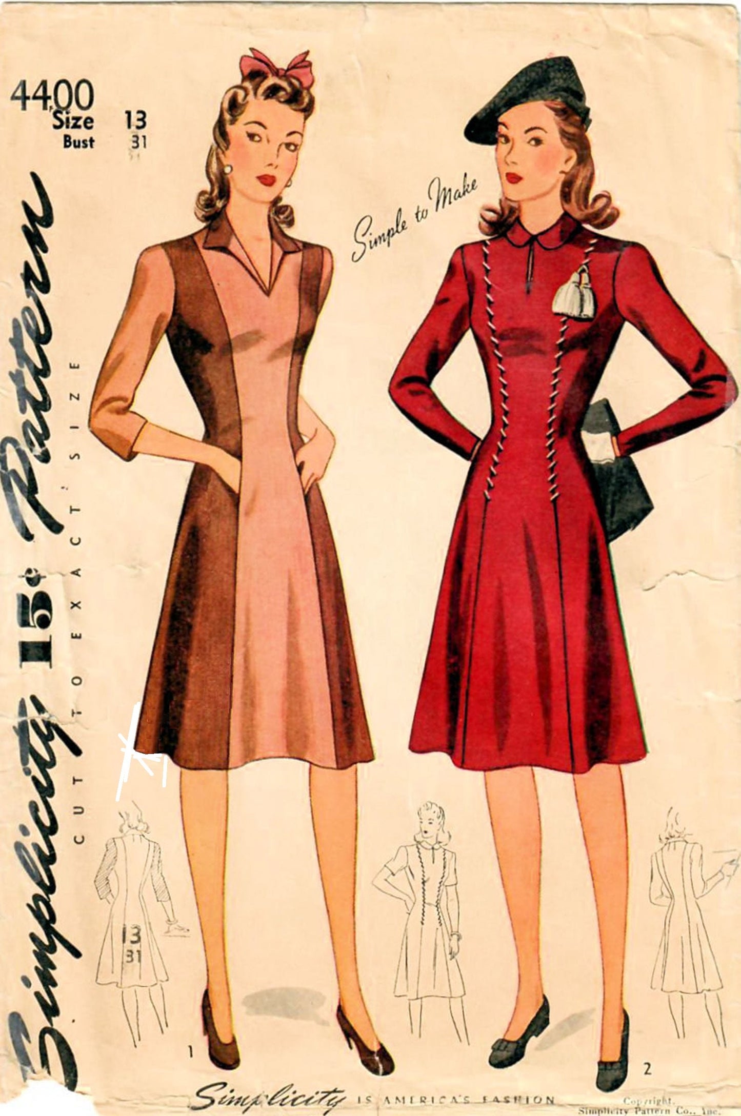 1940s Ladies Day Dress With Raised Waistline and Pockets - Reproduction 1942 Sewing Pattern #F4400 - 33 Inch Bust