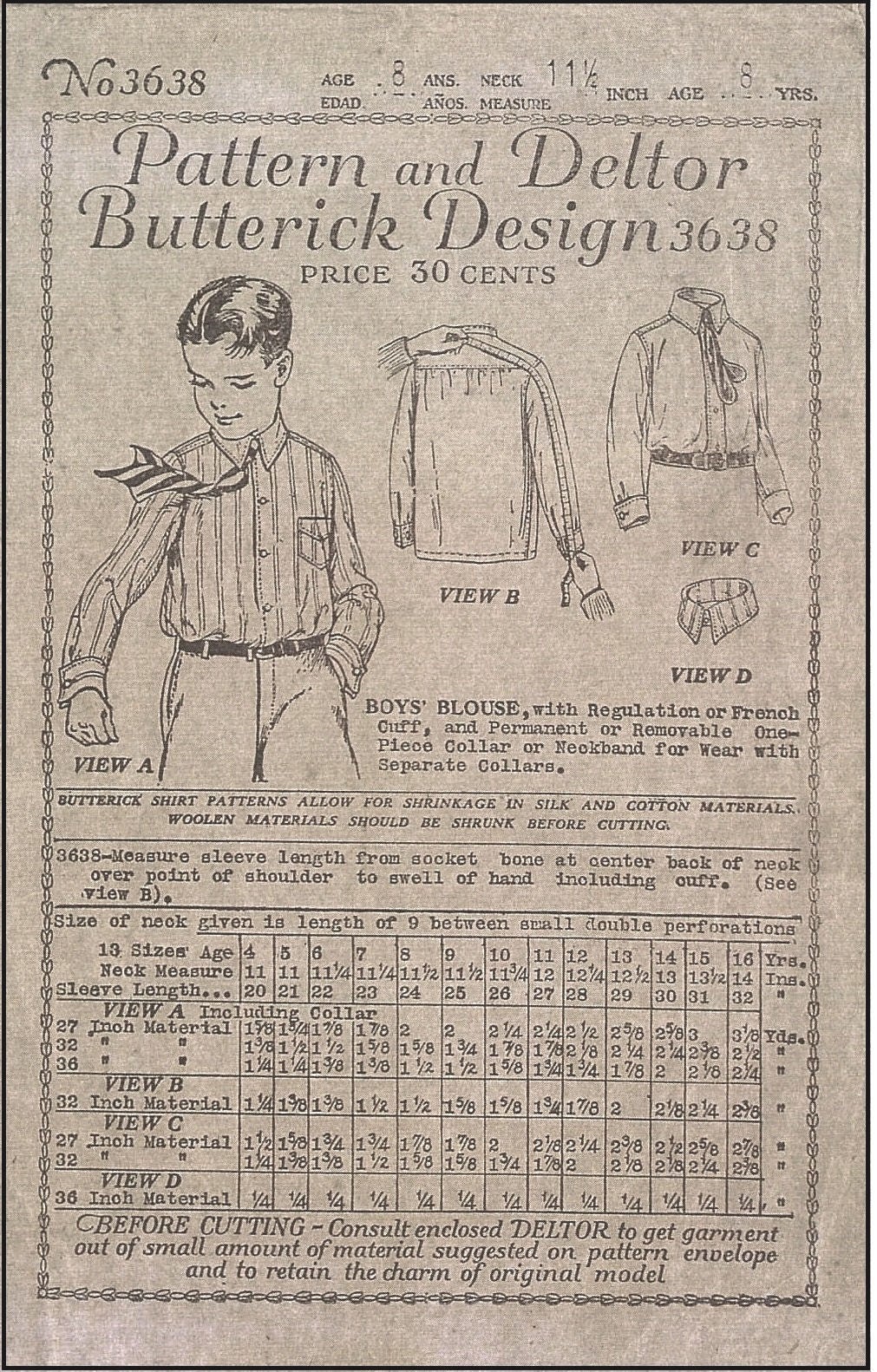 1920s Boy's Button Down Shirt With Detachable Collar - Reproduction 1922 Sewing Pattern #C3638