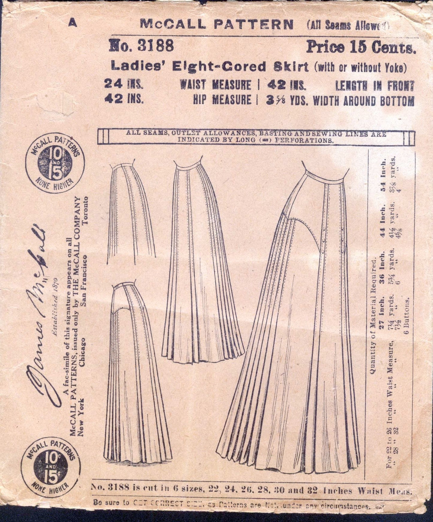 1900s Ladies Eight Gored Pleated Skirt with Optional Yoke - 1909 Edwardian Reproduction Sewing Pattern #E3188 - 24 Inch Waist