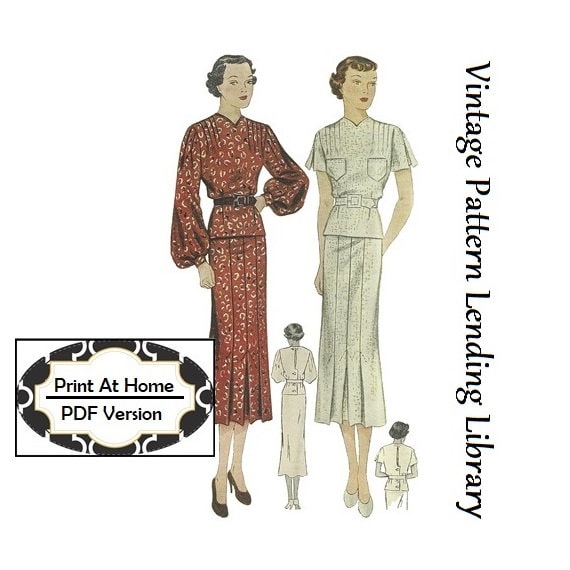 1930s Ladies Day Dress With Sleeve Options - INSTANT DOWNLOAD - Reproduction 1936 Sewing Pattern #T2002 - 36 Inch Bust - PDF - Print At Home