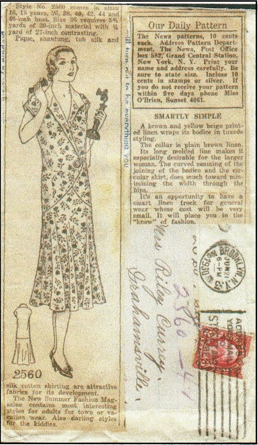 1930 Ladies Day Dress With Surplice Front - INSTANT DOWNLOAD - Reproduction Sewing Pattern #T2560 - 42 Inch Bust - PDF - Print At Home