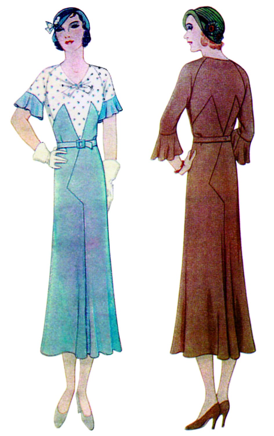 1930s Ladies Art Deco Style Dress With Sleeve Flare - Reproduction 1932 Sewing Pattern #T6895 - 38 Inch Bust