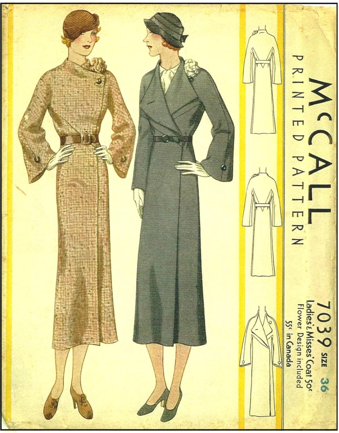 1930s Ladies Coat With Flower Accent - Reproduction 1932 Sewing Pattern #T7039 - 36 Inch Bust