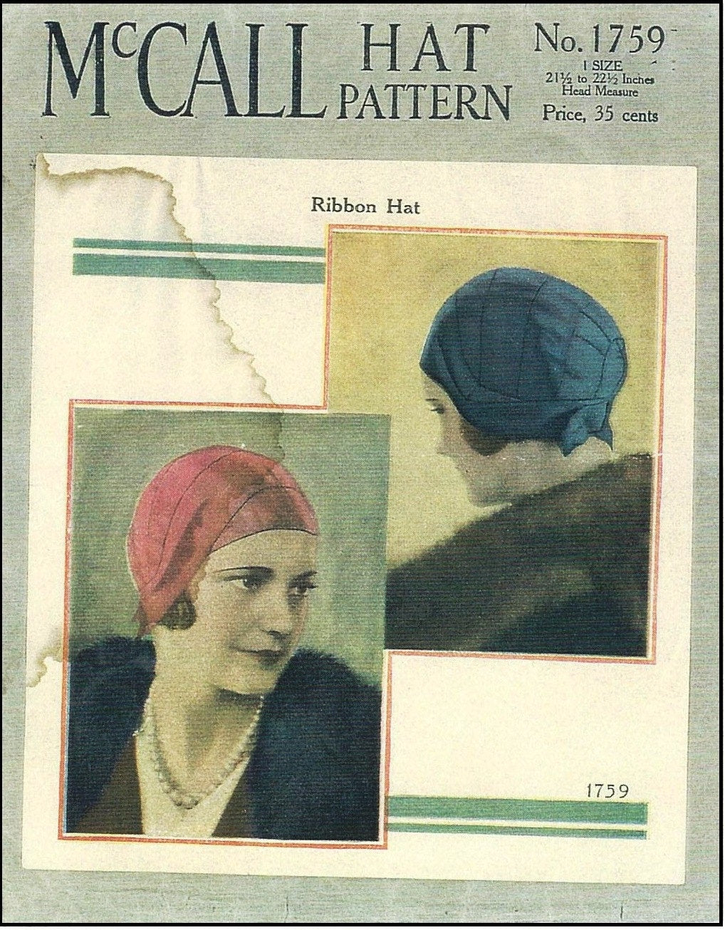 1920s Ladies Cloche Hat Made Of Ribbon - INSTANT DOWNLOAD - Reproduction 1929 Sewing Pattern #H1759 - PDF - Print At Home