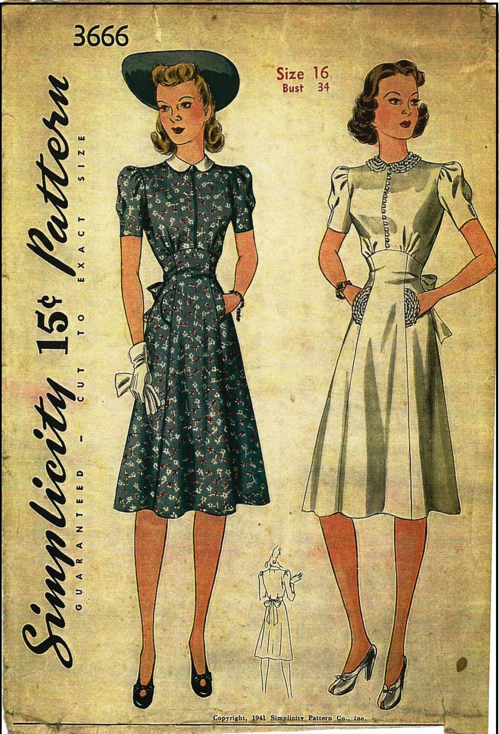 1940s Ladies Day Dress With Raised Waistline - Reproduction 1941 Sewing Pattern #F3666 - 34 Inch Bust