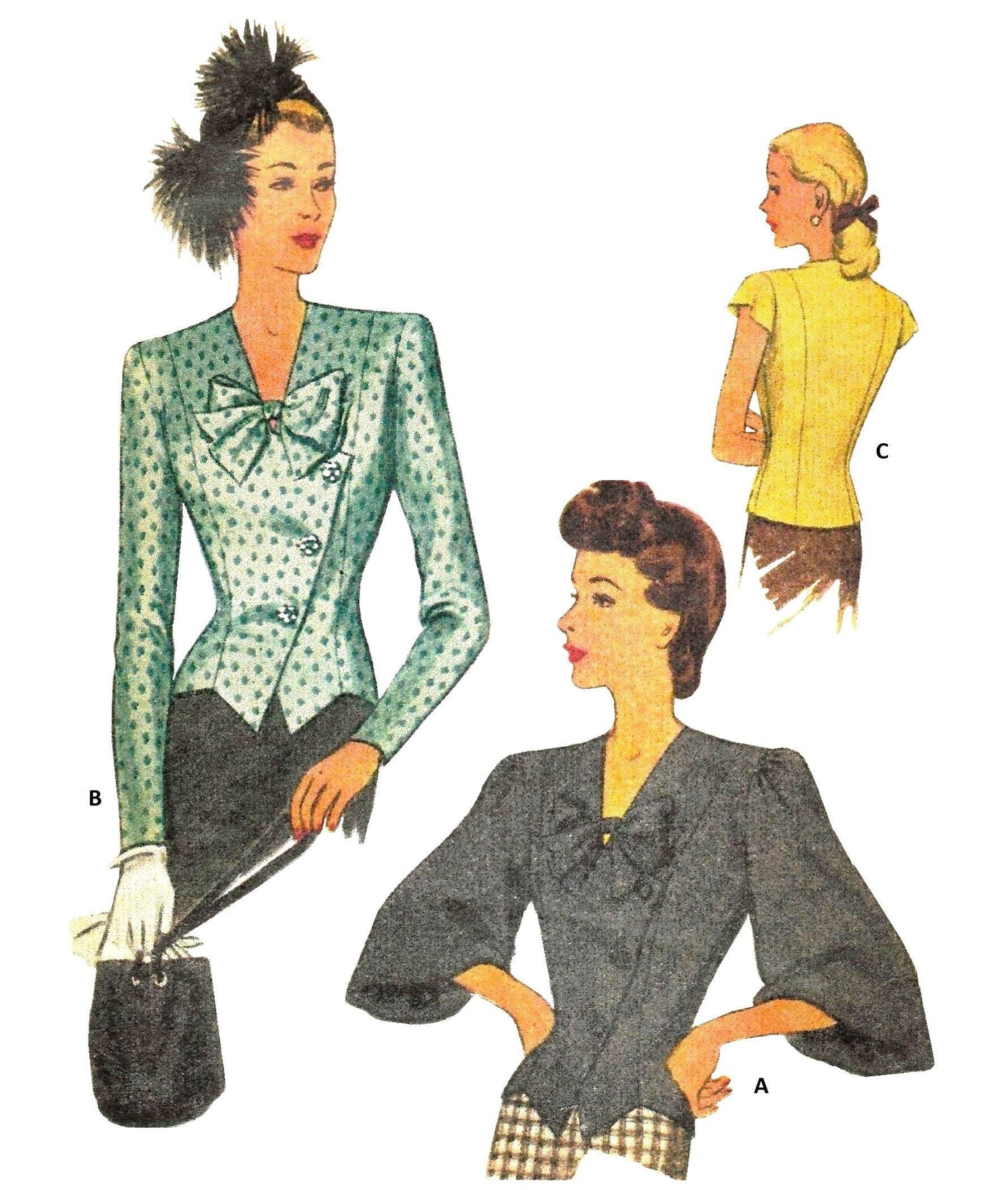 1940s Ladies Asymmetrical Blouse With Three Sleeve Options - Reproduction Sewing Pattern #F6636 - 36 Inch Bust - 1946 Jacket Blouse