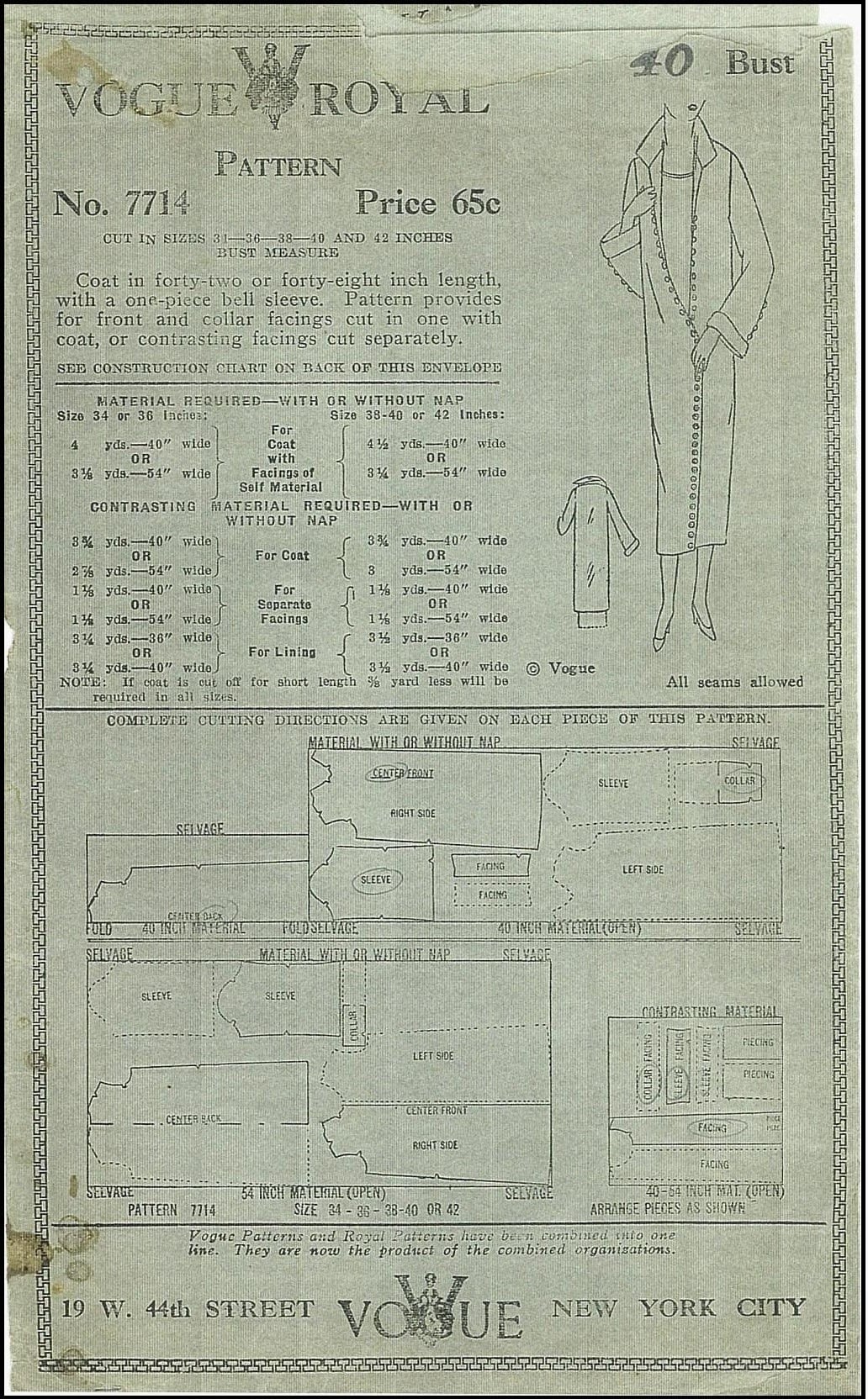 1920s Ladies Straight-Line Coat In Two Lengths - Reproduction 1924 Sewing Pattern #Z7714 - 40 Inch Bust