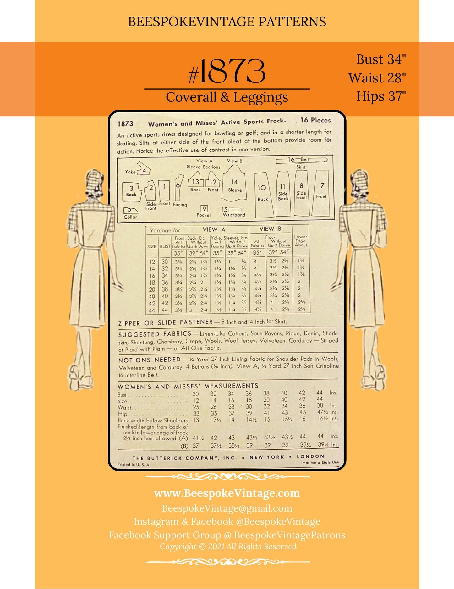 1940s Women's and Misses' Active Sports Frock, Bowling Dress - Bust 34" Reproduction Vintage Pattern #1873-34 - PDF - Print At Home