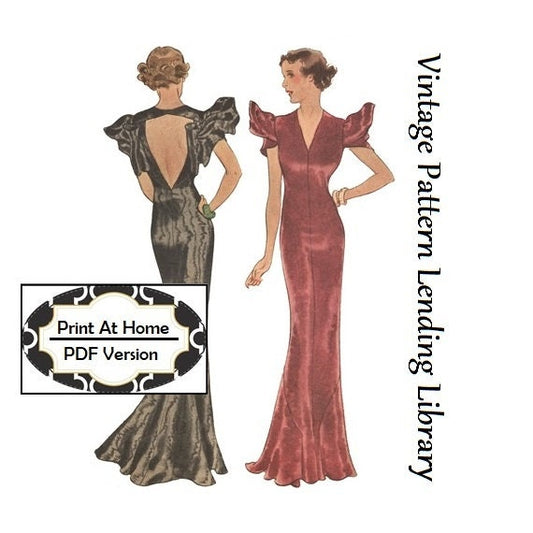 1930s Ladies Evening Gown With Pleated Sleeves - INSTANT DOWNLOAD - Reproduction 1934 Sewing Pattern #T8079 - 36 In Bust - PDF-Print At Home