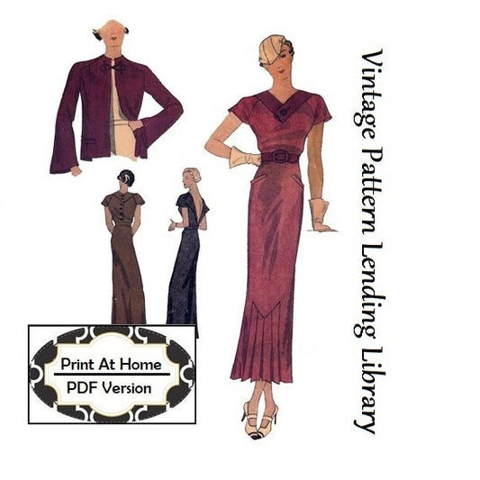 1930s Ladies V-Front Dress With Jacket - INSTANT DOWNLOAD - Reproduction 1934 Sewing Pattern #T1364 - 32 Inch Bust - PDF - Print At Home