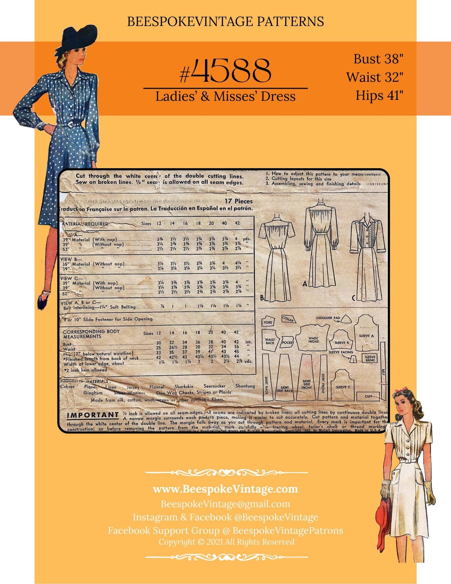 1940s Vintage pattern - Ladies' and Misses' Dress - Bust 38" Reproduction Vintage Pattern #4588-38 - PDF - Print At Home