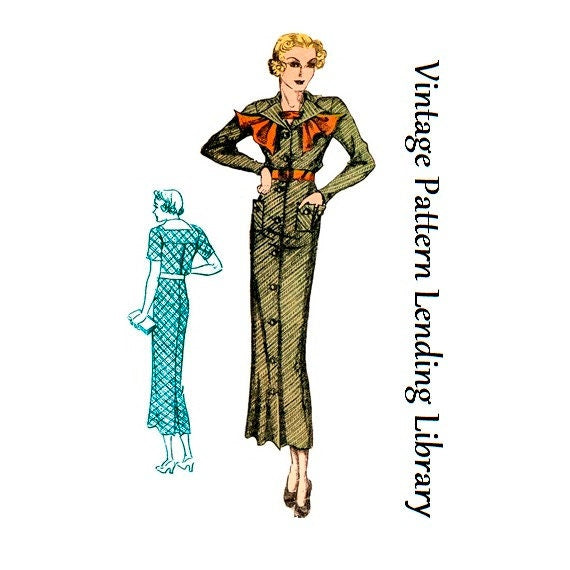 1930s Ladies Dress With Scarf Jabot- Reproduction 1935 Sewing Pattern #T0206 - 38 Inch Bust