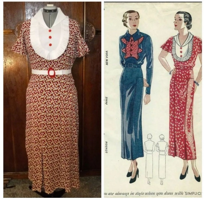 1930s Ladies Dress With Interesting Vestee Options - Reproduction 1935 Sewing Pattern #T1645 - 34 Inch Bust