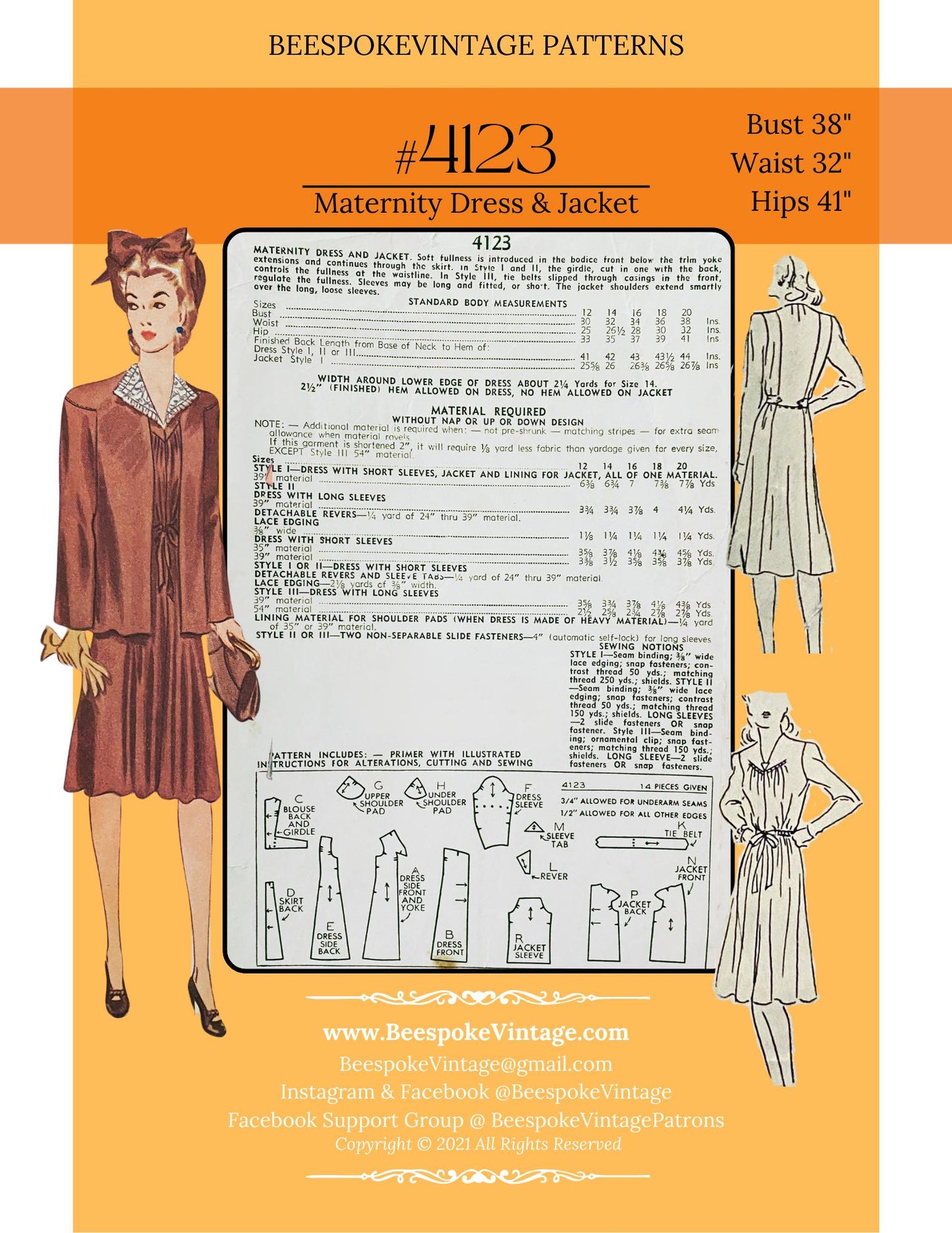 1940s Maternity Dress and Jacket - Bust 38" - Reproduction Vintage Pattern #4123-38 - PDF - Print At Home