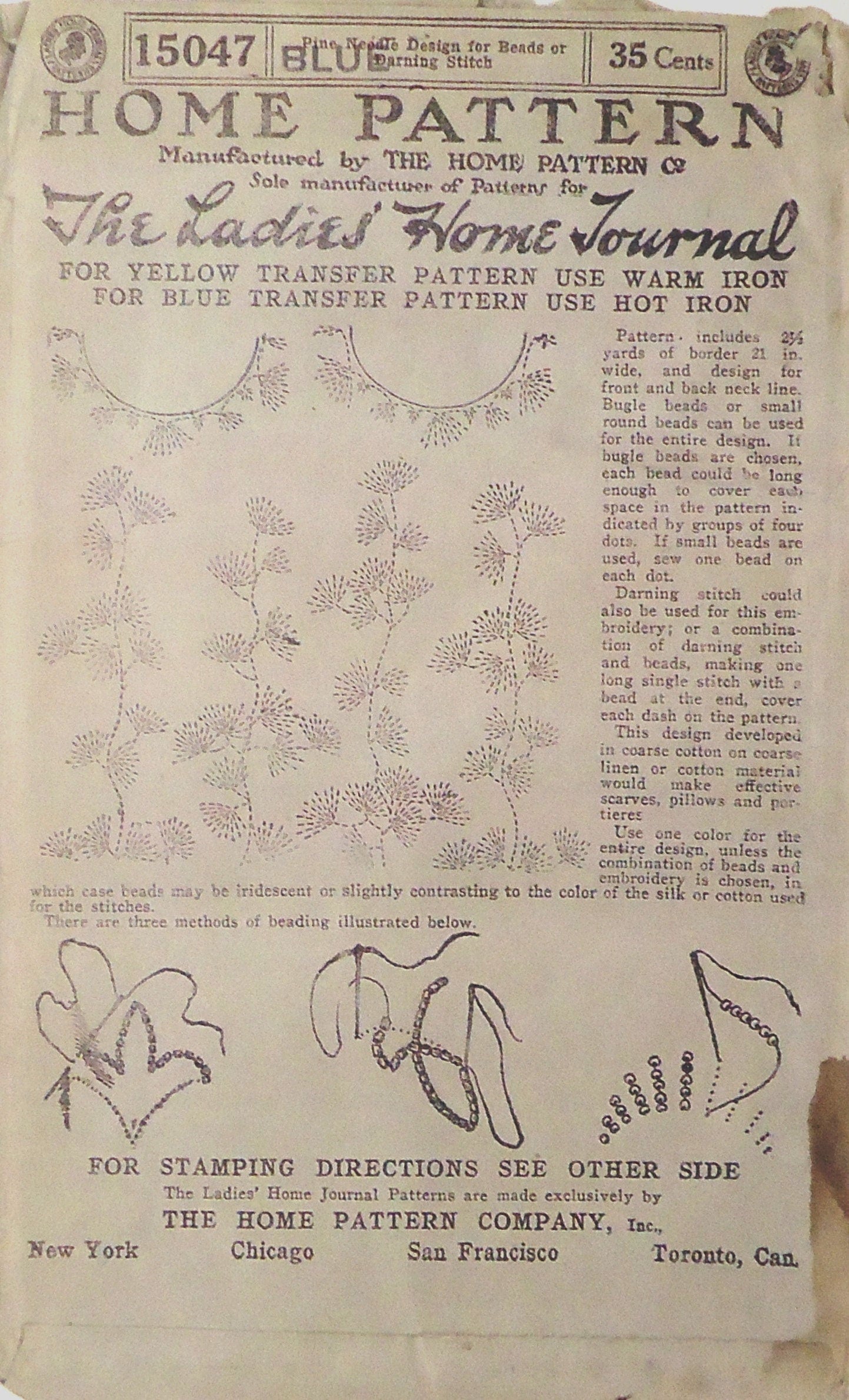 1920s Pine Needle Bead Design for a Ladies Blouse or Frock - INSTANT DOWNLOAD - Reproduction Transfer Pattern #N15047 - PDF - Print At Home