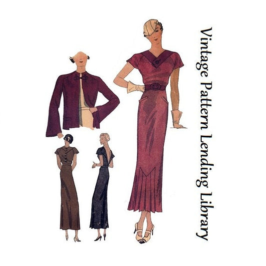 1930s Ladies V-Front Dress With Jacket - Reproduction 1934 Sewing Pattern #T1364 - 32 Inch Bust