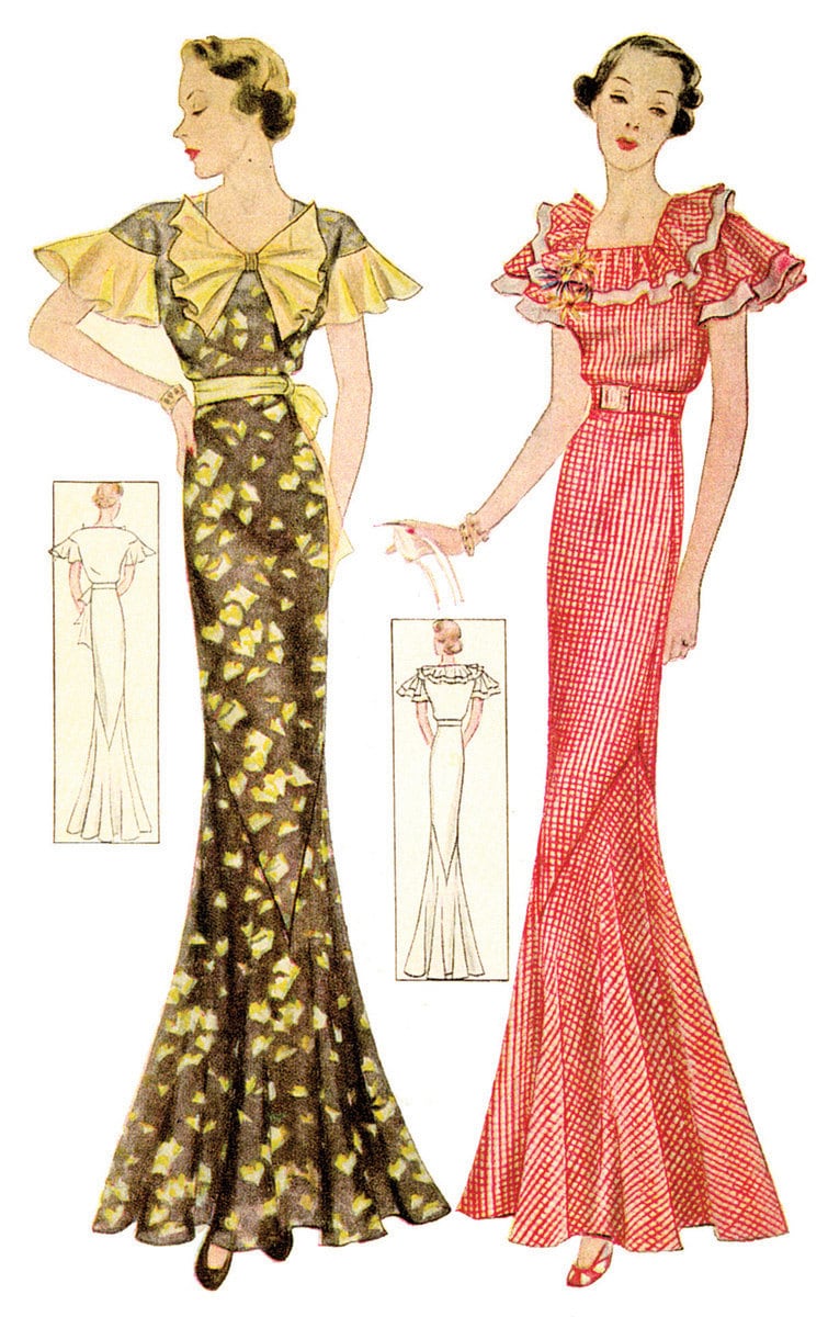 1930s Ladies Evening Gown With Two Neckline Options - Reproduction 1934 Sewing Pattern #T1495 - 36 Inch Bust