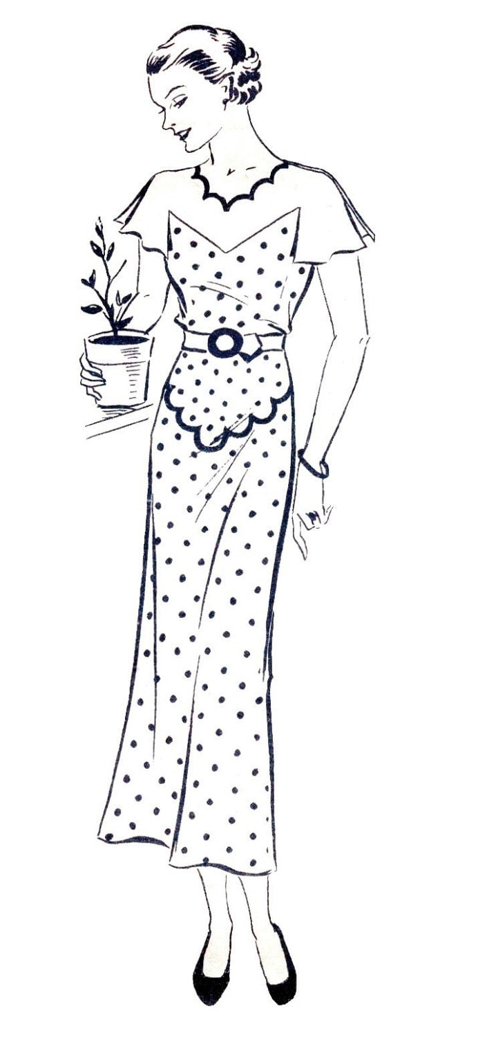 1930s Ladies Day Dress With Scallop Detailing - Reproduction Sewing Pattern #T2992 - 40 Inch Bust