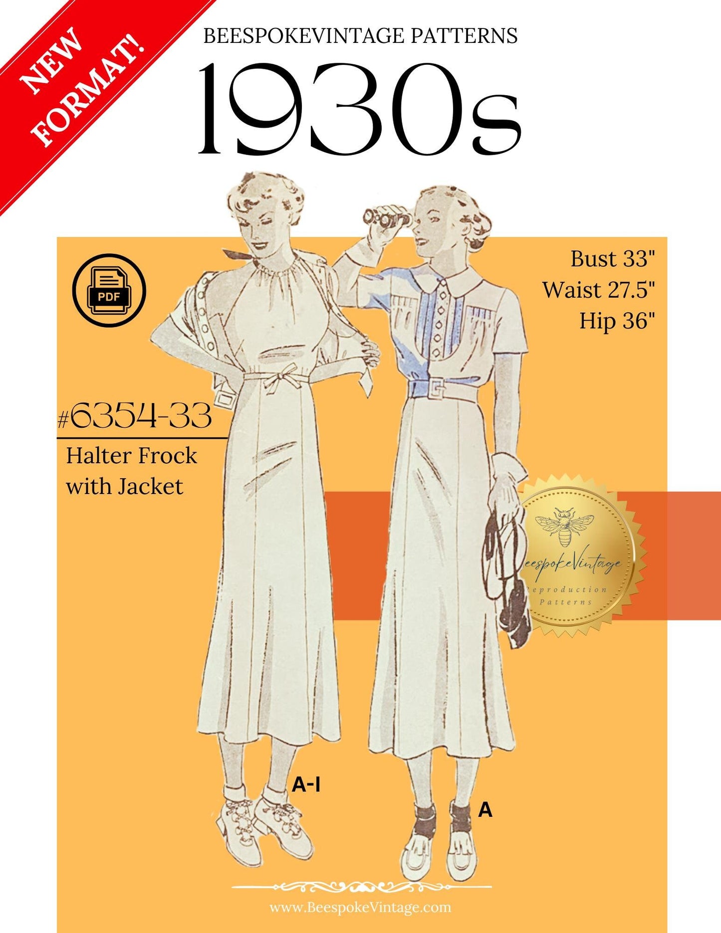 1930s Sun Dress and Belted Jacket - Bust 33" - PDF Pattern - Reproduction Sewing Pattern #6354-33 - Print At Home