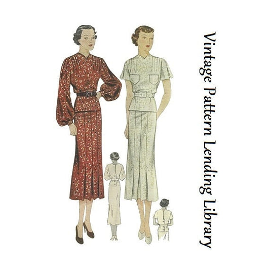 1930s Ladies Day Dress With Sleeve Options - Reproduction 1936 Sewing Pattern #T2002 - 36 Inch Bust