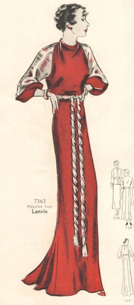 1930s Ladies Evening Gown With Slashed Back - Reproduction 1934 Sewing Pattern #T7363 - 38 Inch Bust