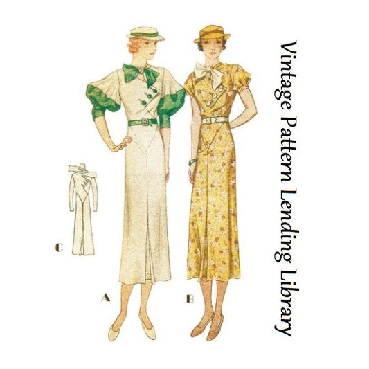 1930s Ladies Day Dress With Puff Sleeve Option - 1933 Art Deco Reproduction Sewing Pattern #T7357 - 34 Inch Bust