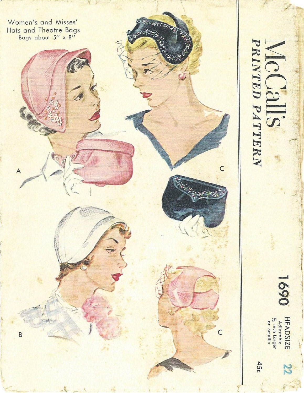 1950s Ladies Hats & Evening Bag - Reproduction 1952 Sewing Pattern #H1690