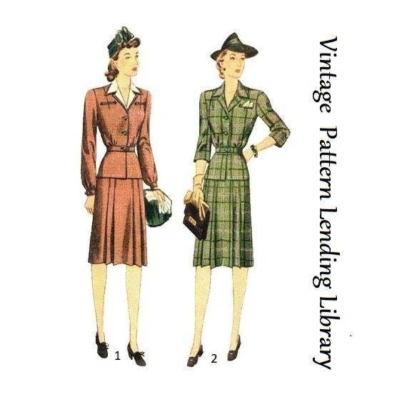 1940s Ladies Two Piece Suit Dress - Reproduction 1942 Sewing Pattern #F4385 - 38 Inch Bust - WWII Fashion