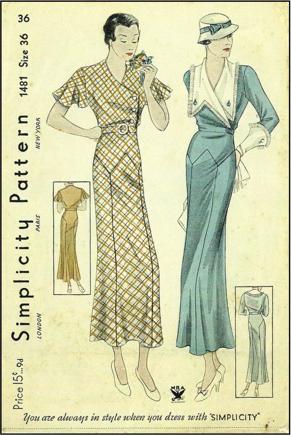 1930s Ladies Day Dress With Large Collar - Art Deco - 1934 Reproduction Sewing Pattern #T1481 - 36 Inch Bust