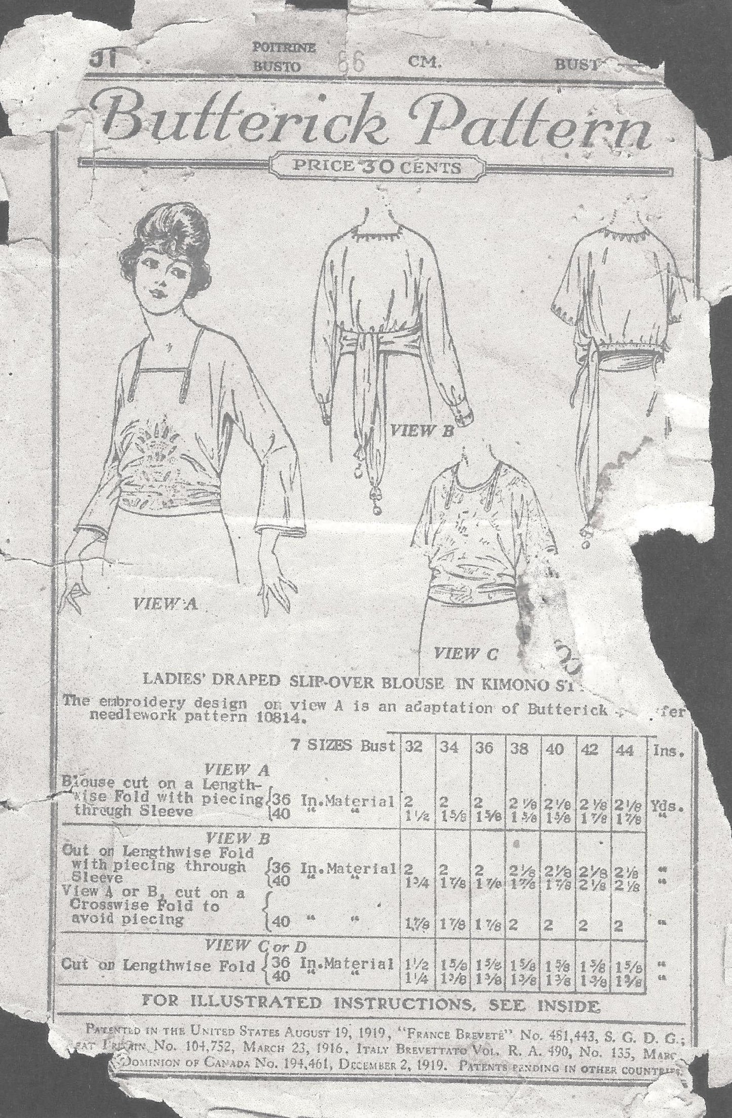 1920s Ladies Slip-Over Blouse In Kimono Style - Reproduction 1921 Sewing Pattern #Z2691 - 34 Inch Bust