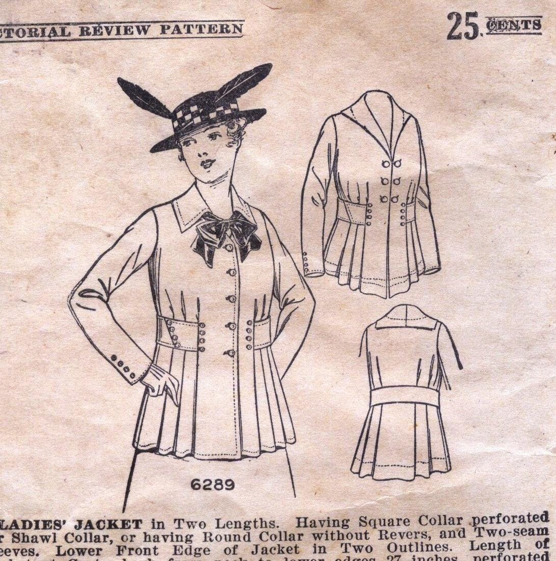 1910s Ladies Belted Jacket In Two Lengths With Collar Options - 1915 Reproduction Sewing Pattern #E6289 - 40 Inch Bust