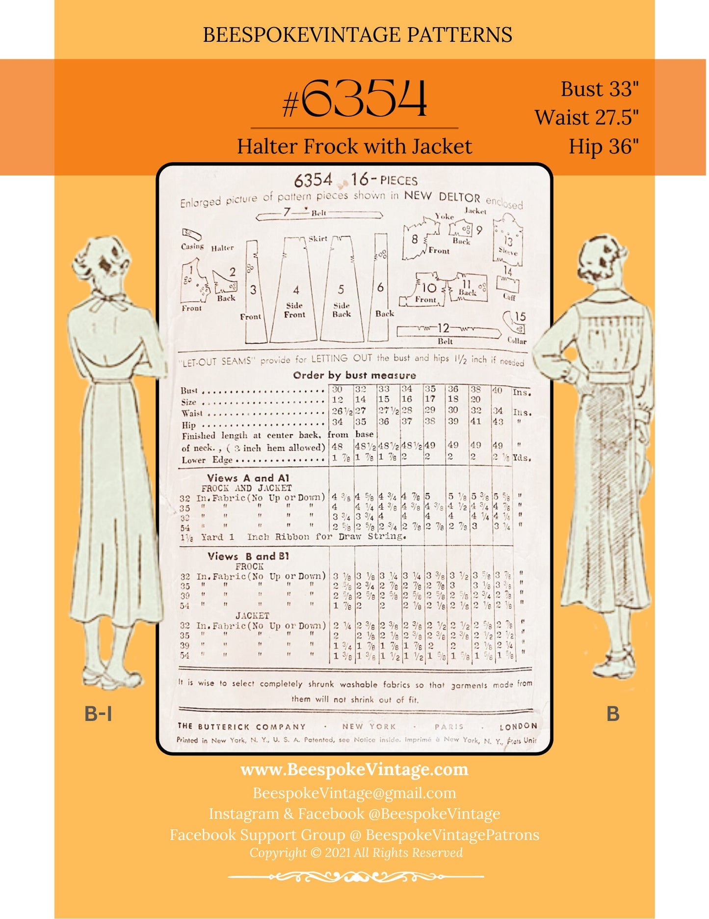 1930s Sun Dress and Belted Jacket - Bust 33" - PDF Pattern - Reproduction Sewing Pattern #6354-33 - Print At Home