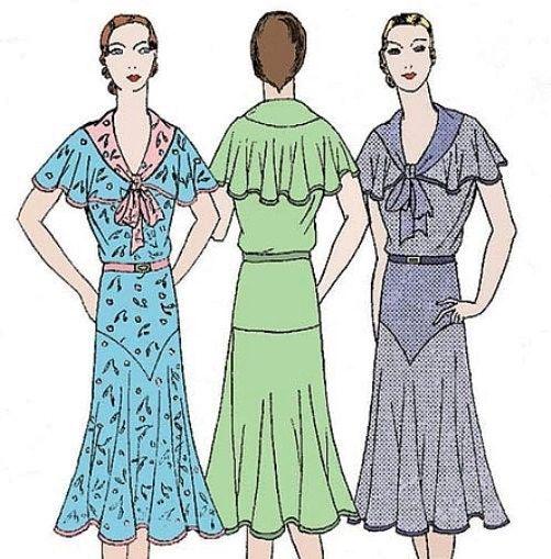 1930s Ladies Day Dress With Bertha - Reproduction 1931-32 Sewing Pattern #T0255 - Multi-sized Pattern