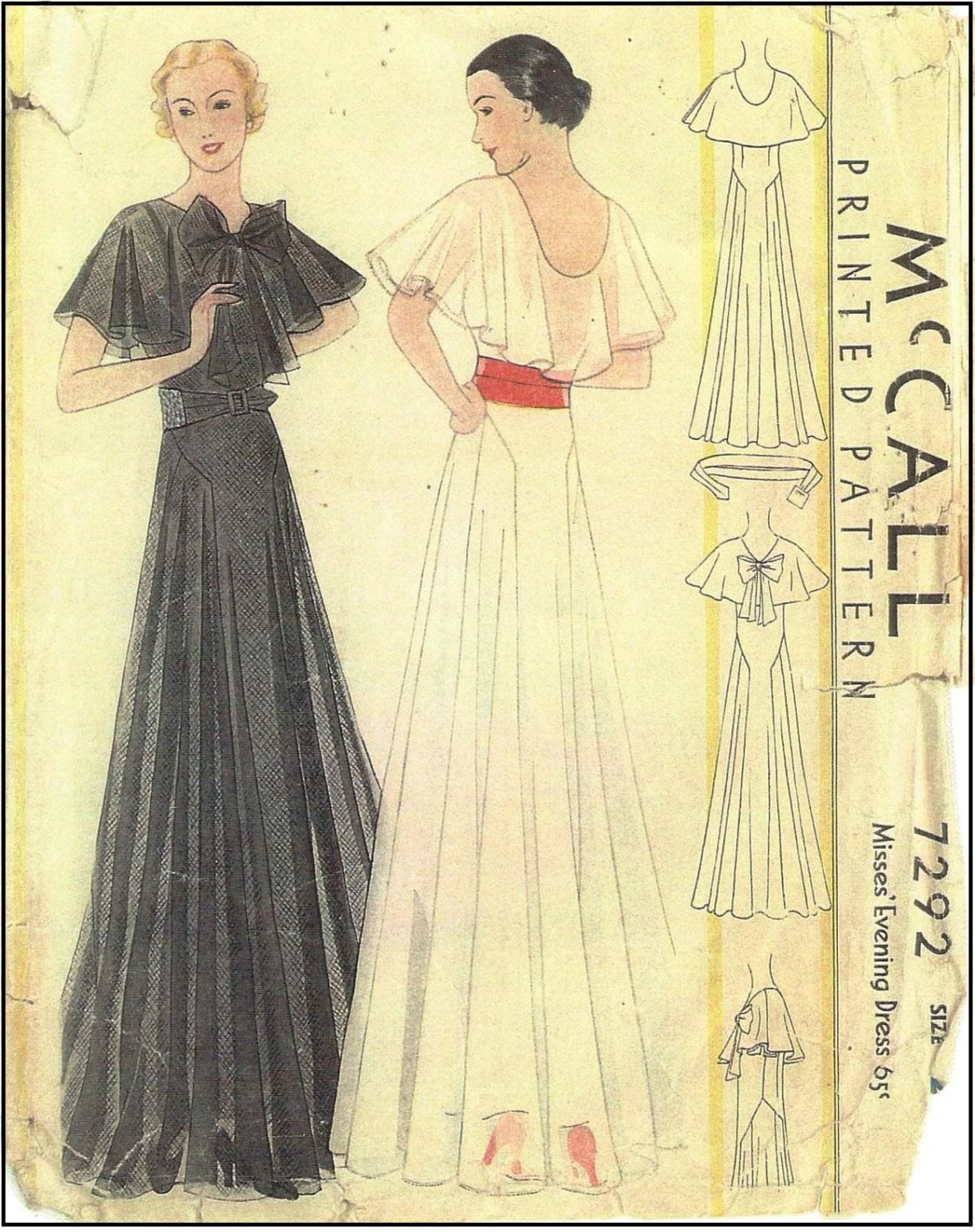 1930s Ladies Evening Gown With Capelet - INSTANT DOWNLOAD - Print Shop Only - Reproduction 1933 Sewing Pattern #T7292 - 38 Inch Bust - PDF