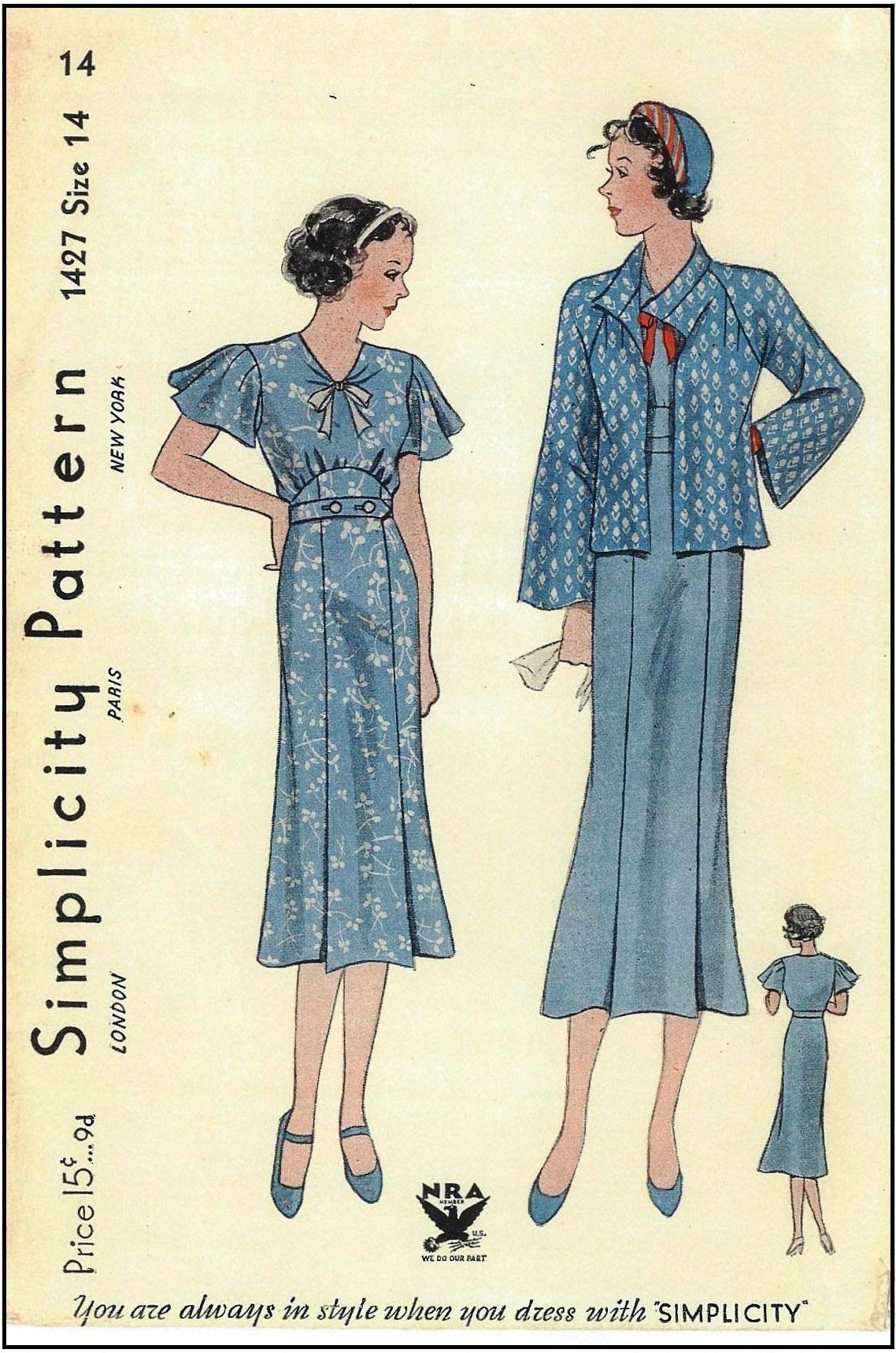 1930s Junior-Miss High-Waisted Day Dress With Jacket - Reproduction 1934 Sewing Pattern #T1427 - 32 Inch Bust