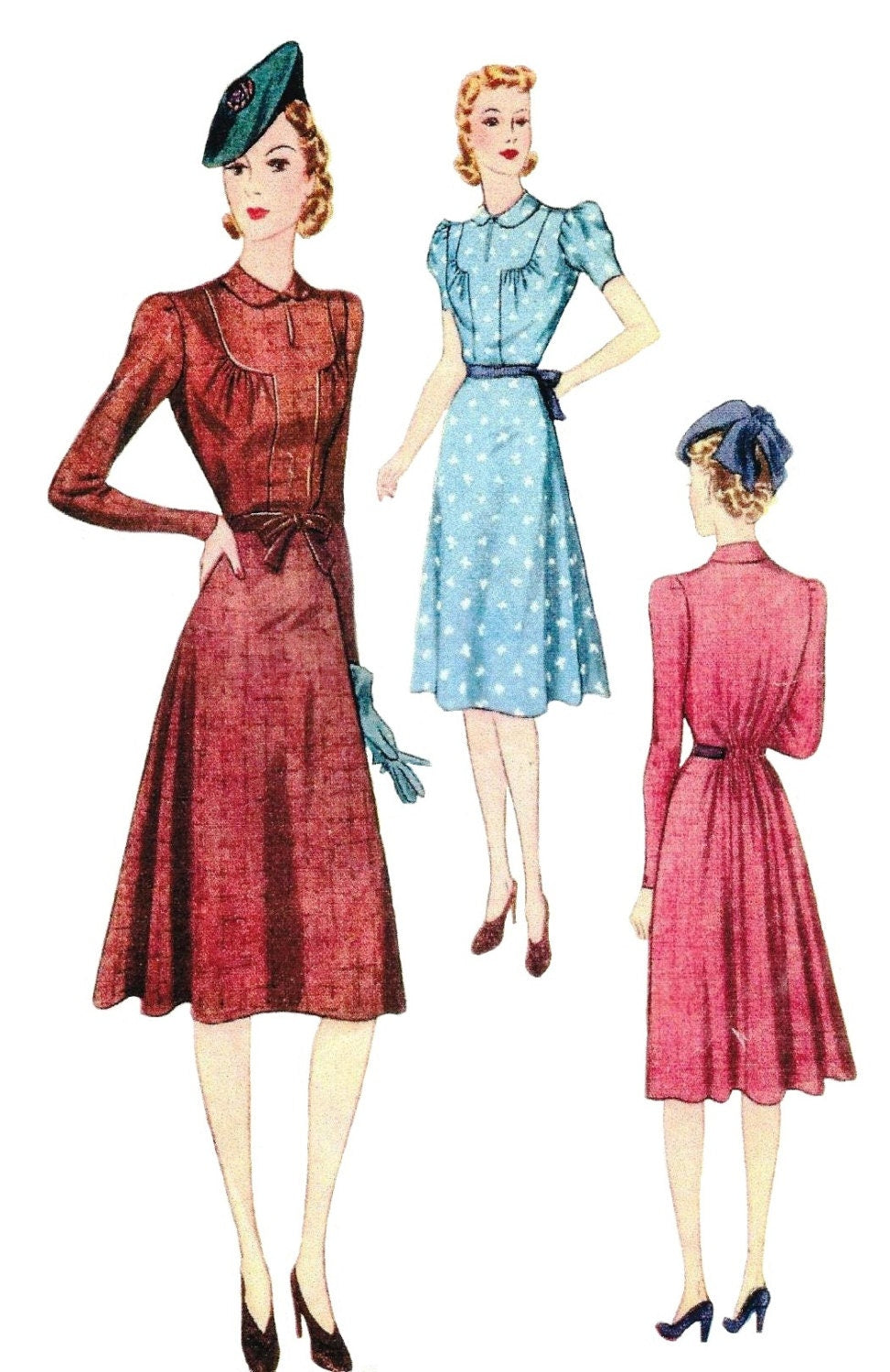 1940 Ladies Day Dress With Back Fullness - INSTANT DOWNLOAD - Reproduction Sewing Pattern #F3296 - 36 Inch Bust - PDF - Print At Home