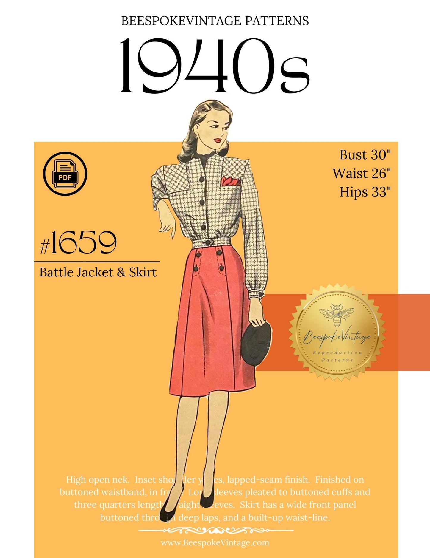 1940s Battle Jacket and Skirt, WWII dress pattern, Eisenhower Jacket - Bust 30" Reproduction Vintage Pattern #1659-30 - PDF - Print At Home