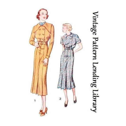 1930s Junior One Piece Frock with Double-Breasted Bodice - Collar & Sleeve Options - Reproduction 1936 Sewing Pattern #T8150 - 32 Inch Bust