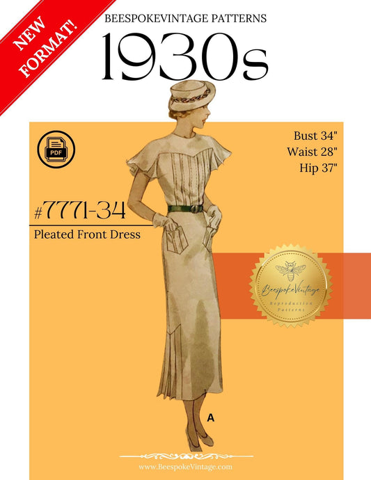 1930s Flutter Sleeve Tucked Front Bodice - Bust 34" - Reproduction Vintage Pattern #7771-34 - PDF - Print At Home