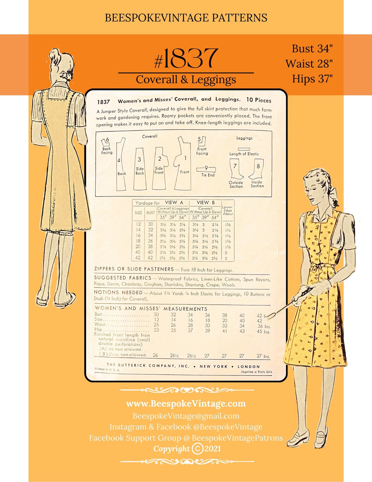 1940s Apron/Coverall/Overall Homefront with Gaiters - Bust 34" Reproduction Vintage Pattern #1837-34 - PDF - Print At Home